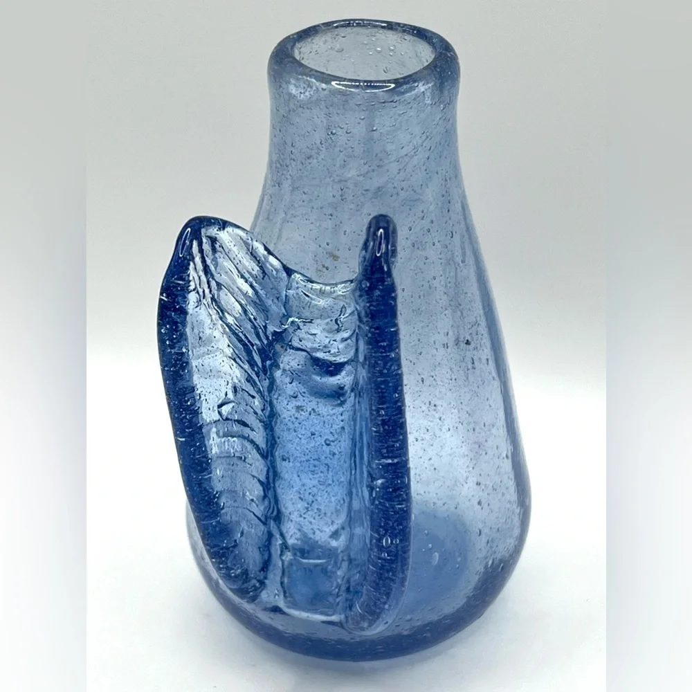 Handblown Small Blue Art Glass Bud Angel Wings Flower Vase 4.5 in Height